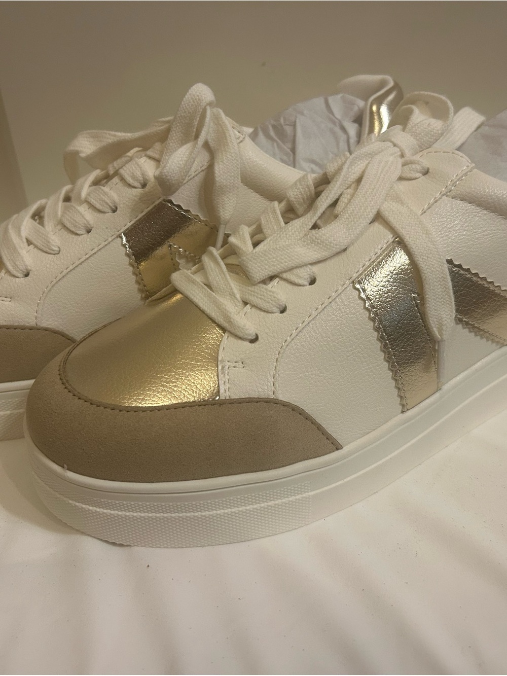 MIA Astra White, Gold & Beige Platform Sneakers Size 9